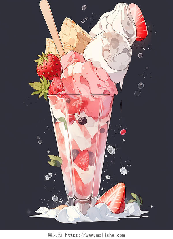 夏天果汁牛奶水果冰淇淋甜点心动漫二次元下午茶插画场景